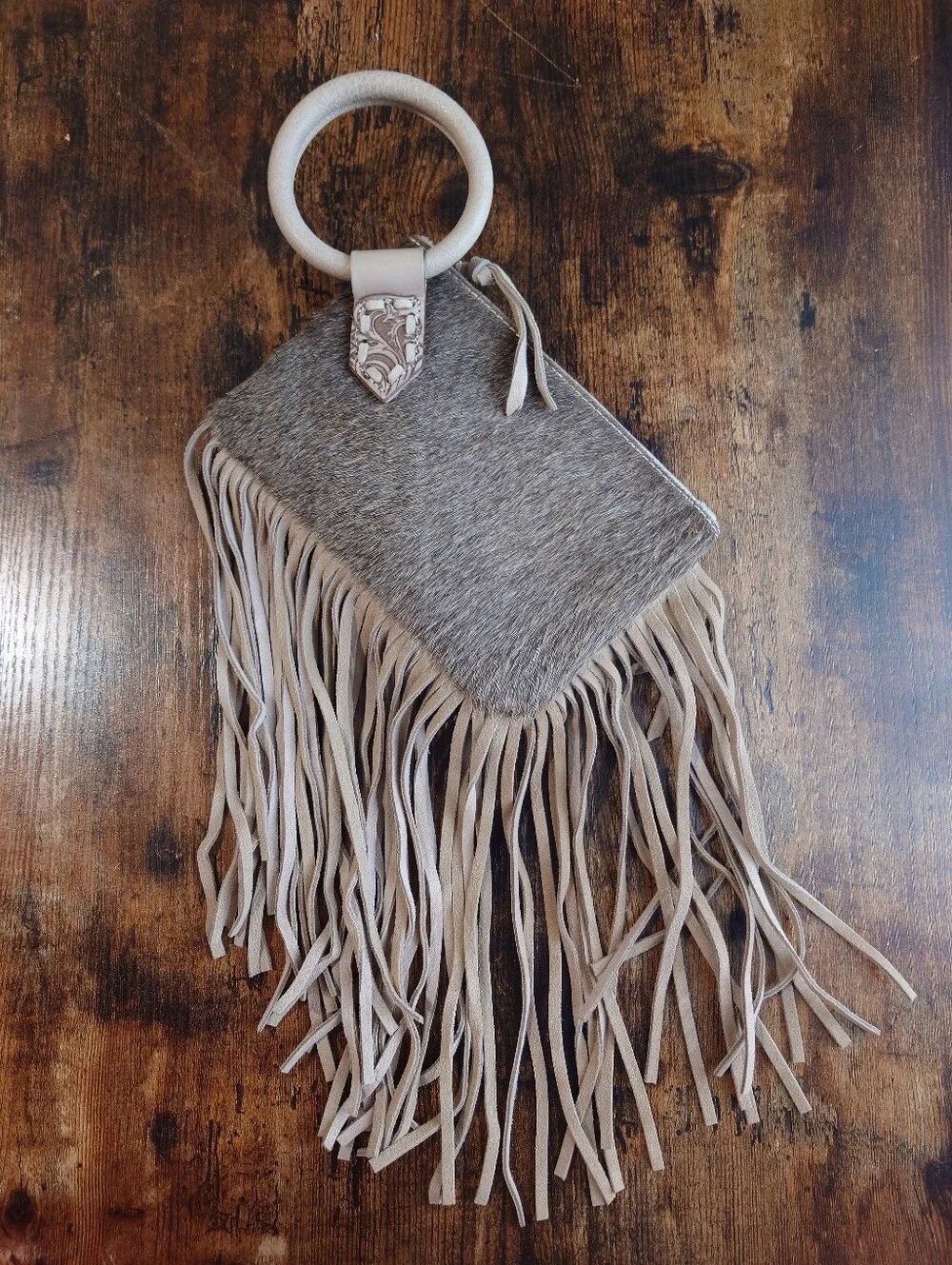 Trinity Ranch Western Hair-On Hide Fringe Ring Handle Clutch Bag